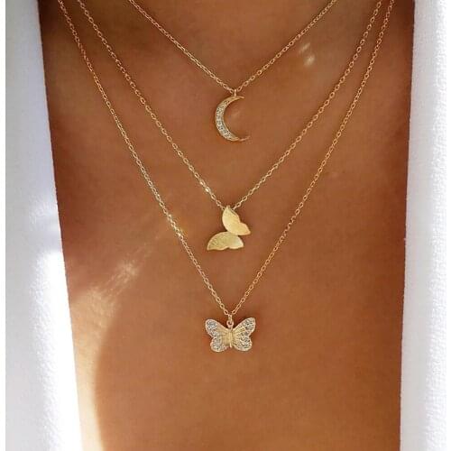 Butterfly moon necklace one piece Neck pendants women cute Choker with rhinestones gold Chains Jewelry layered Gifts for fashion