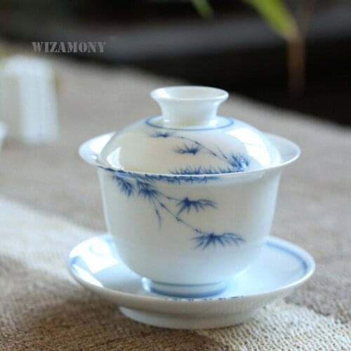 Wizamony jade clay white porcelain cup hand painted underglaze blue and white Chinese style retro Kungfu Sancai ceramic tea bowl