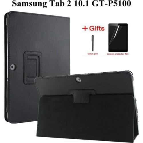 Litchi Flip Folio PU Leather Cover Case for Samsung Galaxy Tab 2 10.1 inch GT-P5100 P5110 P5113 Smart Tablet Case+Film+Pen