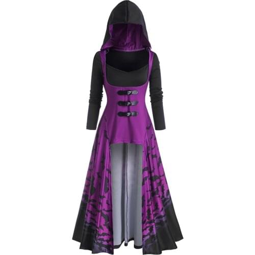 Gothic dress womens mid length cloak dress printed bat buckle Goth dress bat
