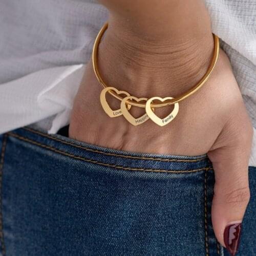 Personalized Bracelets with Hearts Customized Engraved 1-9 Names Bracelets Bangles Stainless Steel Bangle Letter Gift For Family