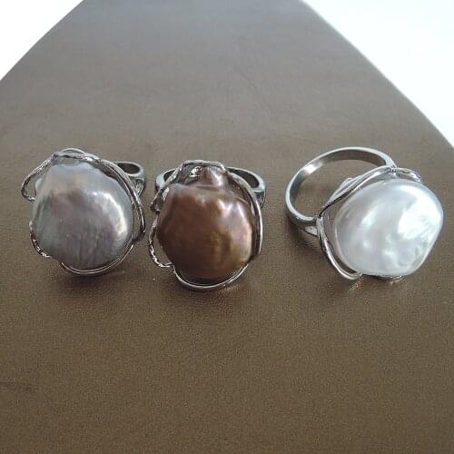100% NATURE FRESHWATER PEARL RING, big coin shape baroque pearl ring .20 mm pearl,beautiful nature gray,coffee and white color