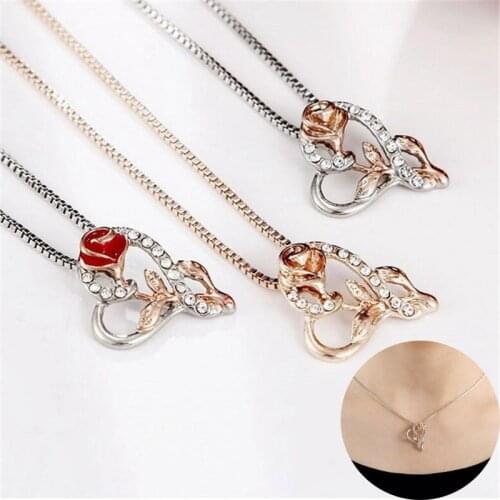 Rose Flower Necklace Jewelry birthday Daughter Heart Pendant Gift for Mom Wife