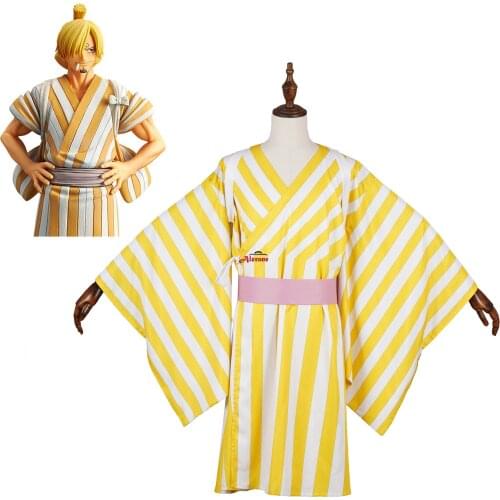 One Piece Vinsmoke Sanji Cosplay Costume Yellow Kimono Suits Halloween Carnival Costumes