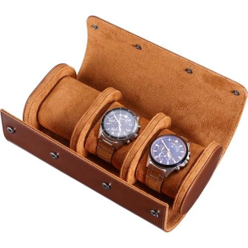 Hemobllo 3 Slots Leather Travel Watch Case Roll Organizer Portable Watch Box (Brown)