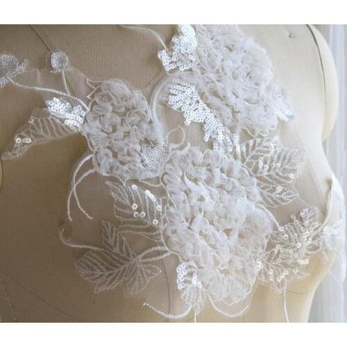 4 piece 3D Lace Applique for Wedding Dress, Light Ivory Sequin Beaded Lace Unique Mirrored Pair Bridal Lace Applique, Tulle Brid