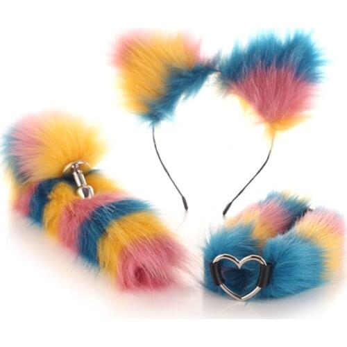 Exotic Accessories Kit of Colourful Tail Plug with Hairpin and Neck Collar for Men Women Fetish Bdsm Bondage Animal Cosplay