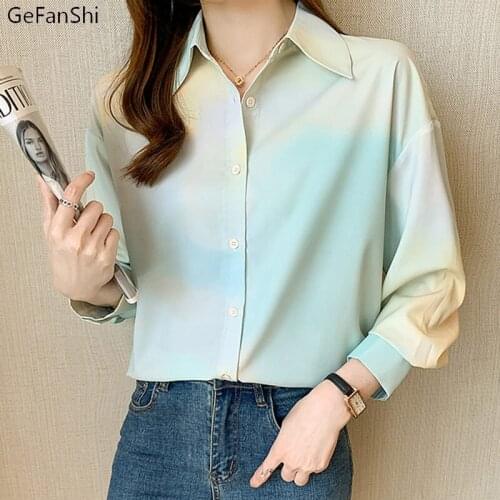 New Autumn Winter Turn-Down Collar Gradient Color Chiffon Blouse Shirt Elegant Office Ladies Casual Shirts Chic Blusas Tops