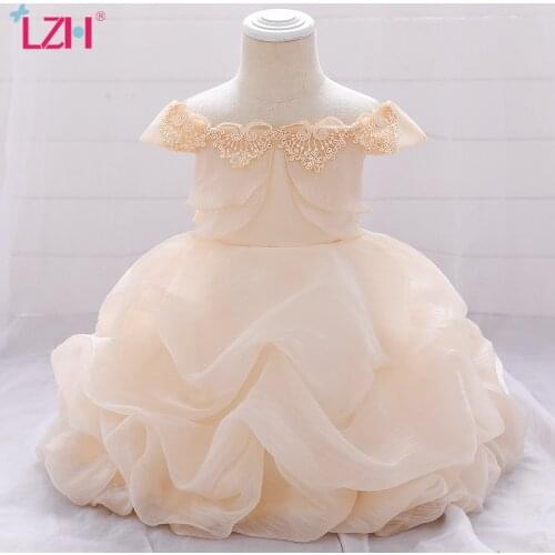 LZH 2020 Autumn Sweet Baby Dress One-Shoulder Infant Full Moon Dress Newborn Baptism Net Gauze Puffy Cake Dress Newborn Clothes