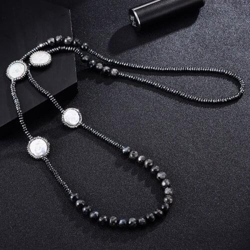 Ambrum Natural Stone Necklace,Handmade Women Sweater Necklace,Pave Setting Crystal Beaded Necklace,Strand Necklace Jewelry Bead