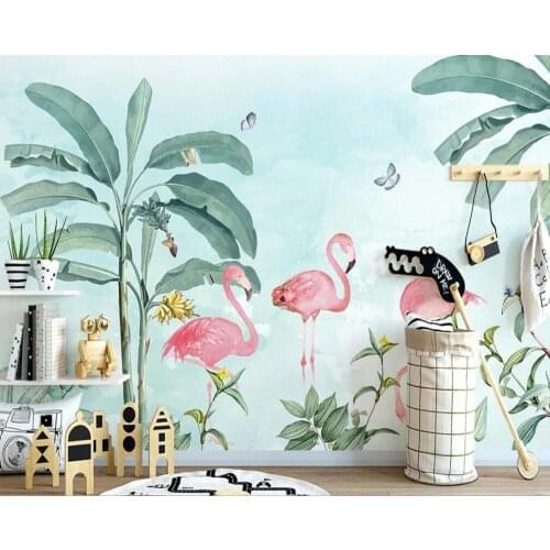 Custom 3D mural wallpaper hand-painted Nordic southeast Asian plants plantain flamingo indoor background wall