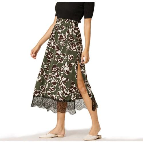 Sexy Print Skirts Elegant Women Summer Lace Patchwork Midi Split High Waist Skirt Holiday Casual Floral Skirts Faldas Mujer