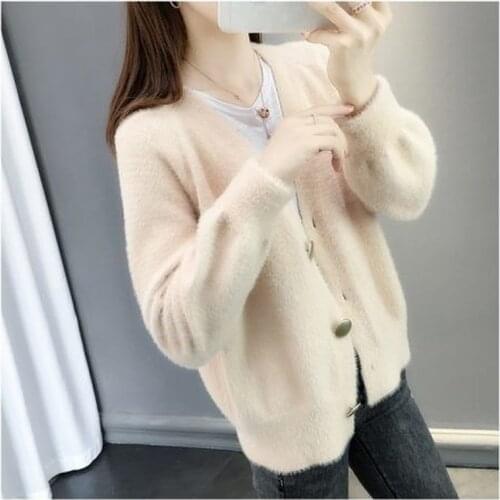 Sweater jacket womens v-neck cardigan autumn and winter wear 2021 new loose short western-style mink velvet outer knitted top