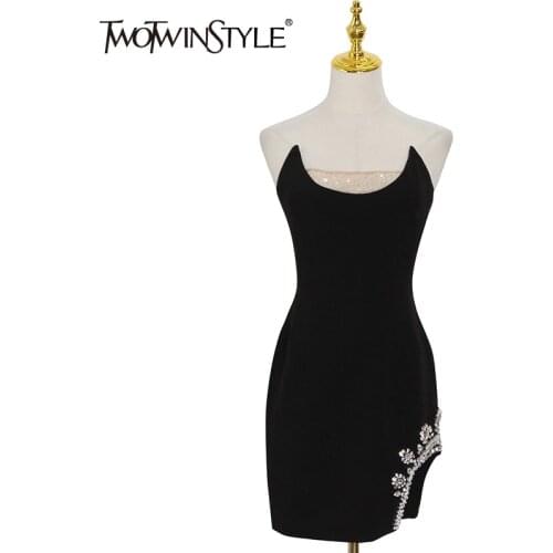 TWOTWINSTYLE Sexy Black Diamonds Dress For Women Slash Neck Sleeveless High Waist Irregular Mini Dresses Female 2021 Fashion New