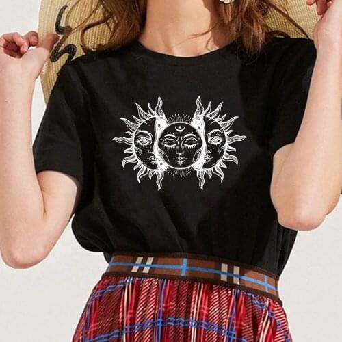 New 2021 Women T Shirt Three Suns Printing Funny Tee Shirt Female Casual Short Sleevle Round Neck Summer Loose Tees Tops