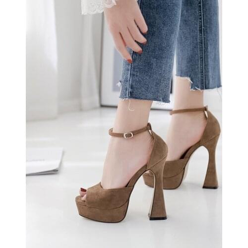 2021 New Fish mouth women high heels sandals sexy ankle strap womens plus size platform sandals party pumps flock shoes yellow