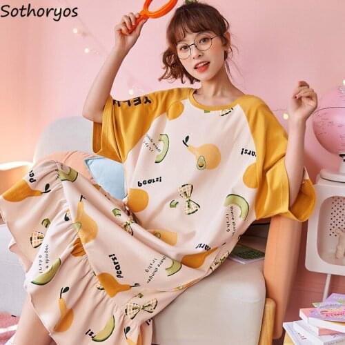 Women Kawaii Sleepshirts Ruffles Short Sleeve Loose Printed Home Cozy Lounge Nightgowns Students Fashionable Lounge New-arrival