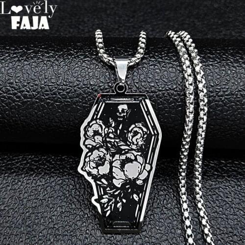 Rose Coffin Skull Stainless Steel Gothic Necklace Women Silver Color Small Necklaces Jewelry Christmas Gift colgante N3238S03