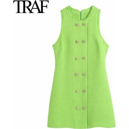 Traf Za Women Clothing 2021 Summer Chic Tweed Sleeveless Dress Green Mini Dresses French Elegant Short Bodycon Dress