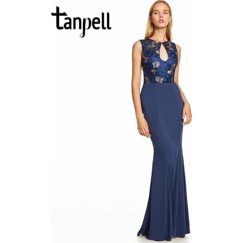 Tanpell embroidery evening dress dark royal blue sleeveless floor length gown women backless formal long mermaid evening dresses