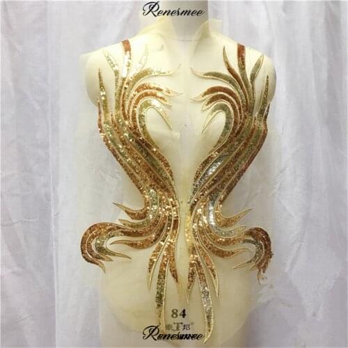 1Pair Big Sequins Gold Sapphire DIY Lace Applique Fabric Wedding Dress Clothing Decoration Material diy Accessories Lace Patch