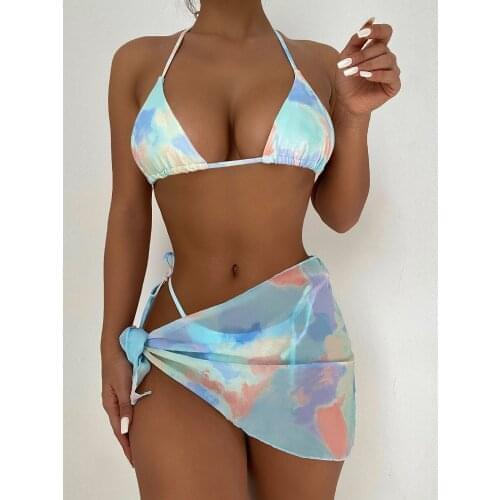 2021 Tie Dye Halter Brazilian Bikini Female Swimsuit Women Swimwear Three-piece Bikini set With Sarong Bather Bathing Suit Swim