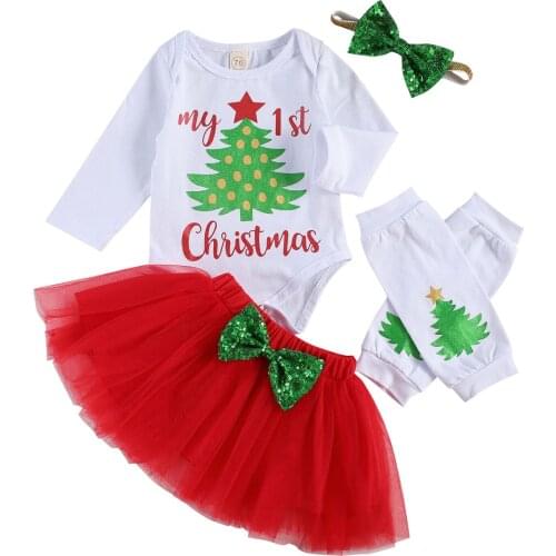 4pcs Newborn Baby Girls Christmas Costume Tree Long Sleeve Top Short Yarn Skirt for Baby Sparkle Bow Hairband Stockings Cover