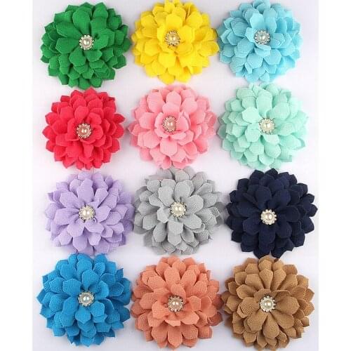 50PCS 10.5CM 4.2" Hot Selling Big Blossom Scalloped Hair Flower With Pearl Rhinestone For Kids Children Girls Hair Accessories