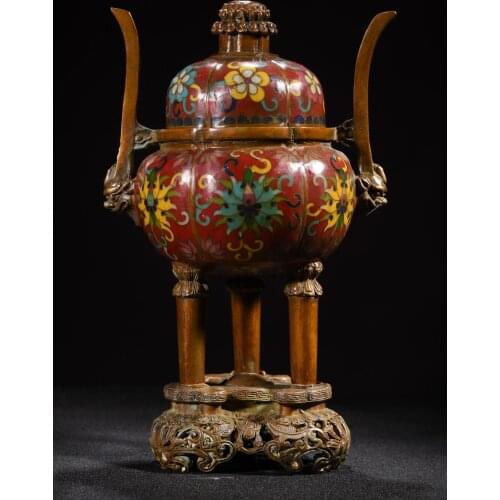 9"Tibet Temple Collection Old Bronze Cloisonne Enamel Flowers Lion head Three-legged incense burner Ornaments