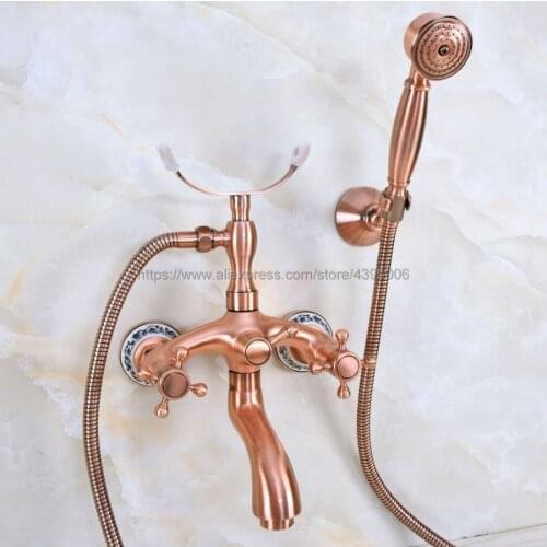 Antique Red Copper Double Handle Bathtub Faucets with Hand Shower Telephone Style Bath Shower Faucet Bna372