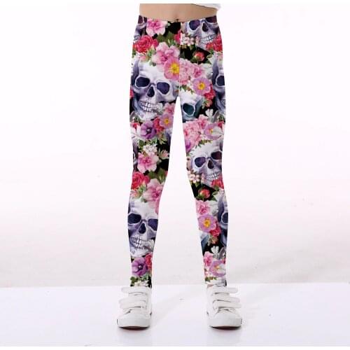 Kids Girls Skull Pattern Leggings Princess Floral Digital Printed Leggins Children Fitness Sport Yoga Pants Cropped Pants 5-12Y