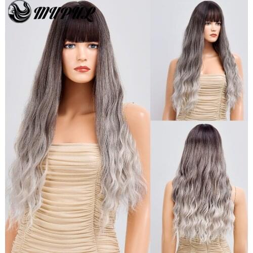 Long Brown Wave Synthetic Wigs With Bangs For White Women Nutural Ombre Hair Cosplay Heat Resistant Female Daily Fiber Wig