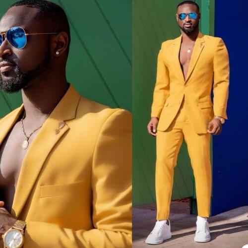 Gentleman Yellow Mens Suits Plus Size Men Business Pants Suit Tailored Prom Party Wedding Tuxedos (Jacket+Pants)