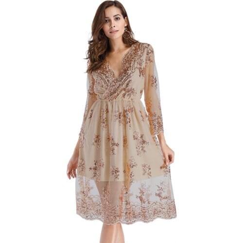 European and American sexy womens sequin dress V-neck high waist long sleeve big swing party dress AL190303