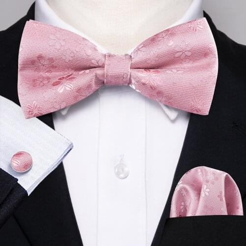 Pink Floral Silk Pre-Bow Tie For Men Bow Tie Butterfly Handkerchief Cufflinks Set Wedding Party Fashion Barry.Wang