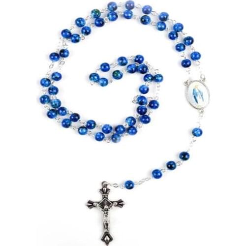 Catholic Christian Navy Blue Crystal Beads Virgin Mary INRI Crucifix Cross Pendant Rosary Necklace Religious Baptism Jewelry
