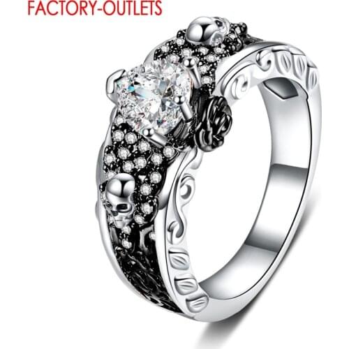 Factory Outlet Genuine 925 Sterling Silver Punk Style Rings With Skull Pattern Shiny AAA Grade Crystal Rings Party Dance Jewelry