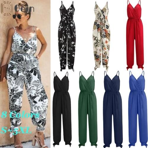 Oein Bohemian Women Sleeveless Loose Baggy Trousers Overalls Pants Solid Romper Sleeveless Flower Print Jumpsuit