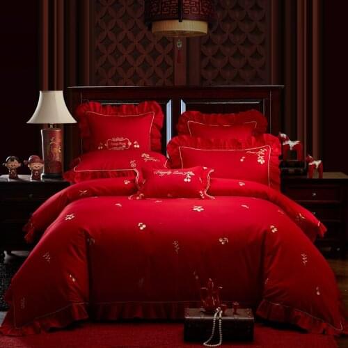 New 100% Cotton Gold Embroidery Luxury wedding 4/7pcs Bedding set King Queen size Bed set Duvet cover Bedsheet Pillowcases