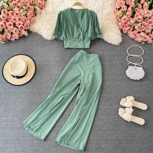 Korobov Korean Casual Women Suits Summer V Neck Puff Sleeve Women Blouses and High Waist Wide Leg Pants 2 Pcs Sets