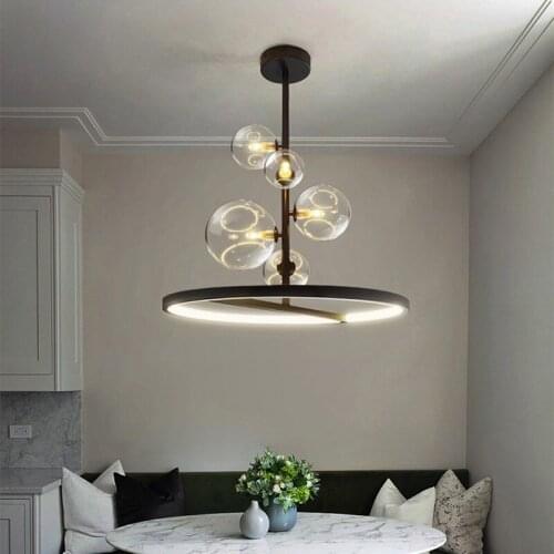 Creative Dining Room LED Chandelier Modern Black Restaurant Coffee Shop Deco Pendant Lamp Bar Glass Ball Round Hanging Light