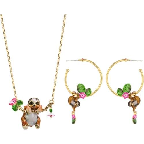 Cute Sloth Necklace Earring Jewelry Set For Women Simple Lovely Copper Enamel Glaze Animal Flower Pendant Neck Accessories