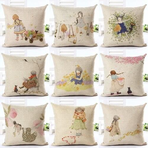 Cute Cartoon Girl Cushion Cover For Sofa Bed Home Decor Car Chair Home Decor Cotton Linen Throw Pillow Case Almofadas Cojines
