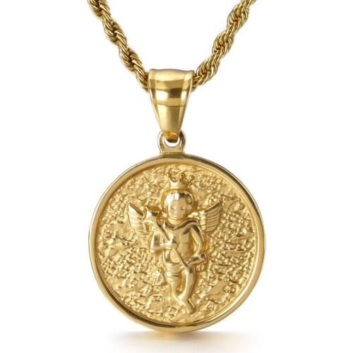 Fashionable 316L stainless steel little angel ring pendant, versatile unisex titanium steel necklace