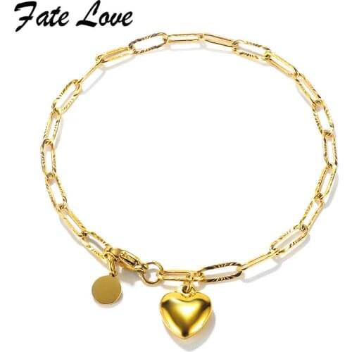 FATE LOVE Brand Trendy Lady Women Heart Charm Bracelet Link Chain Rose Gold Color Stainless Steel Metal Fashion Jewelry