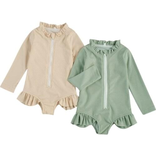 New Baby Girls Long Sleeve One-Piece Swimsuit Solid Color Ruffle Zipper Rash Guard Swimwear Bathing Suit