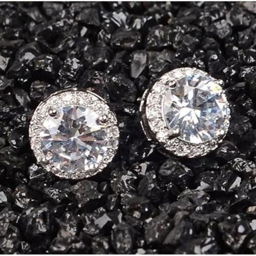 Female Luxury Crystal Round Stud Earrings Vintage Silver Color Wedding Jewelry White Zircon Stone Earrings For Women