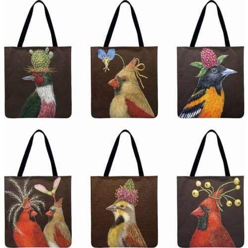 Christmas Bird Printing Tote Bag Shoulder Bag Women Beach Bag Linen Febric Casual Tote Foldable Shopping Bag Women Clutch Bag
