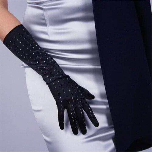 40cm Silk Satin Gloves Sparkling Hot Diamond Sequins Elastic Mercerized Satin Black Long Section Bride Marry Gloves WSG09