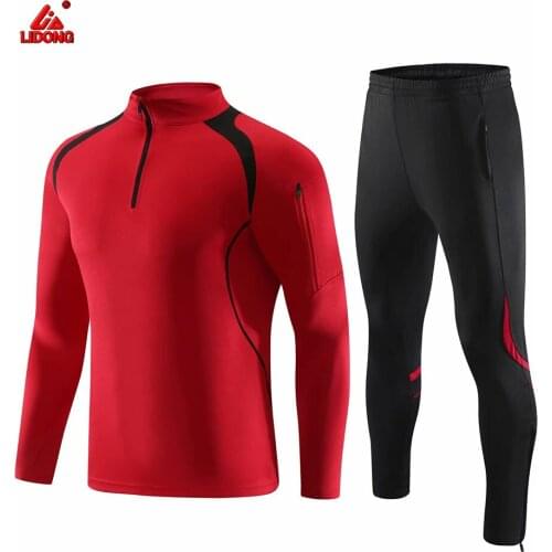 Arm zip pocket Soccer tracksuit 2019 boys men winter Training Football Uniform Sweatshirt long pants black